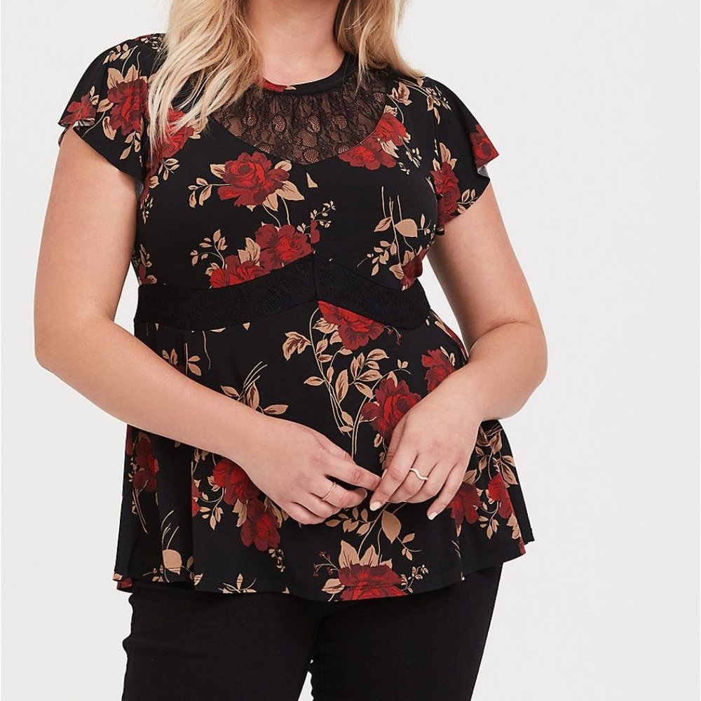 Torrid BLACK & RED FLORAL LACE PEPLUM TOP